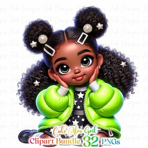 May include: A digital illustration of a young Black girl with curly hair wearing a green puffer jacket and a black and white star patterned dress. The girl is sitting with her hands on her cheeks and has a sweet expression on her face. The image is part of a clipart bundle with 32 PNG files.