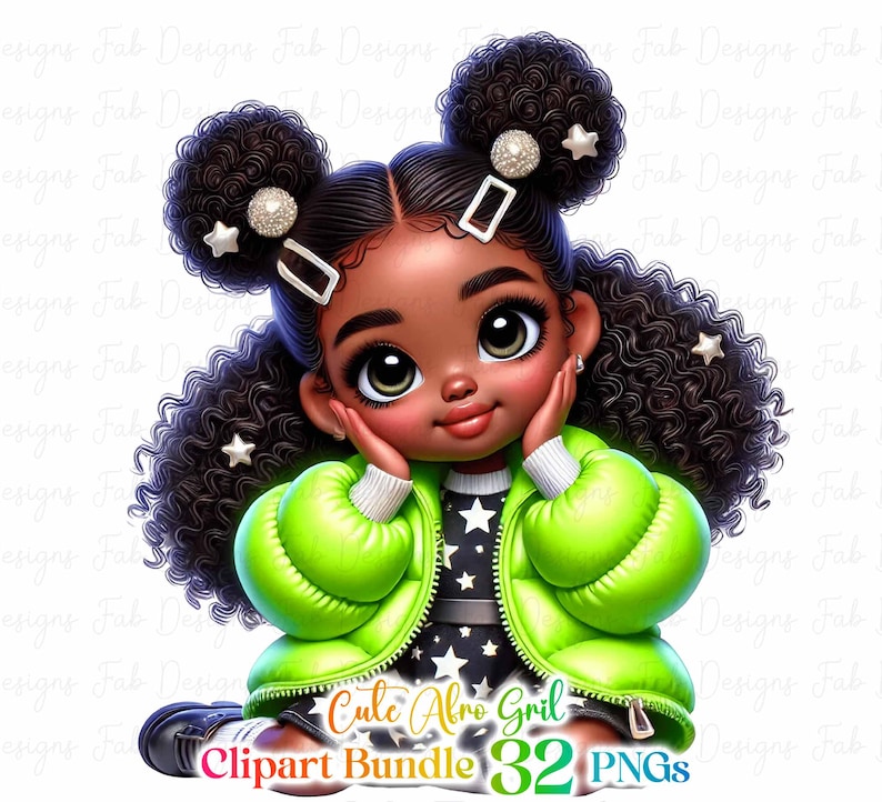 May include: A digital illustration of a young Black girl with curly hair wearing a green puffer jacket and a black and white star patterned dress. The girl is sitting with her hands on her cheeks and has a sweet expression on her face. The image is part of a clipart bundle with 32 PNG files.