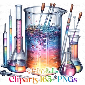 May include: A colourful illustration of laboratory glassware, including beakers, flasks, and pipettes, filled with vibrant, bubbling liquids. The image features a rainbow colour scheme and the text "School Collection Cliparts = 165 + PNGs".