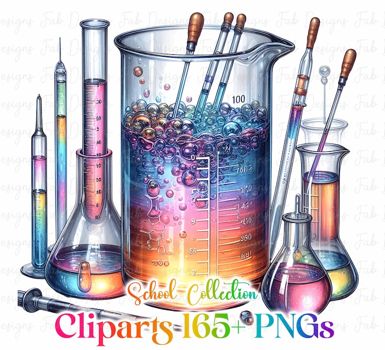 May include: A colourful illustration of laboratory glassware, including beakers, flasks, and pipettes, filled with vibrant, bubbling liquids. The image features a rainbow colour scheme and the text "School Collection Cliparts = 165 + PNGs".
