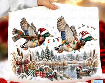 Christmas Mallard PNG, Two Santa Hat Ducks with Christmas Lights over Snowy Marsh, Vintage Duck Hunting Christmas Shirt, Boys Hunting