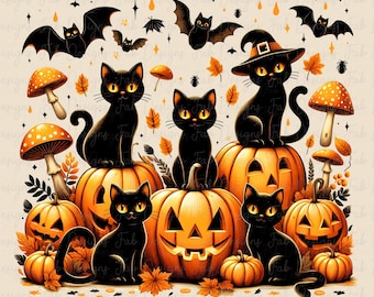 Schwarze Katze Kürbis Halloween PNG: Gothic Retro Herbst Design (Digitaler Download