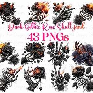 Gothic Skull Hand Roses Clipart: Dark Romance PNG (43 Designs)