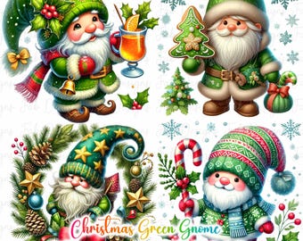 May include: A collection of Christmas-themed green gnome cliparts. Each gnome is depicted with a white beard, wearing green hats and outfits, and holding festive items like a gingerbread tree, candy cane, and gifts. The image includes text that reads "Christmas Green Gnome Cliparts 32 PNGs."