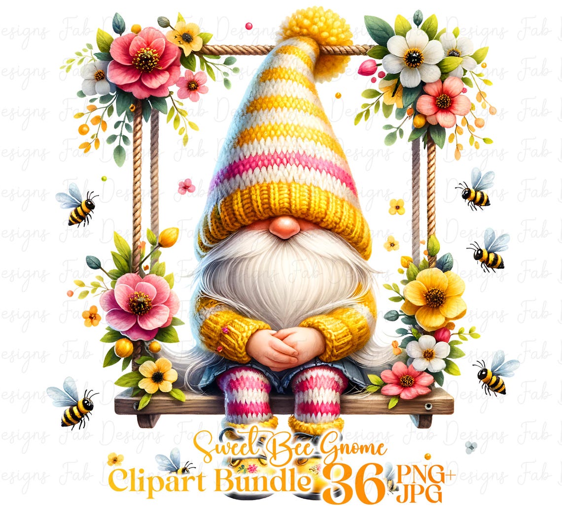 Watercolor Bee Gnome Clipart Bundle: Flower Garden PNG Graphics ...