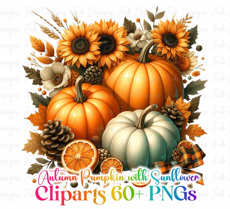 May include: A digital illustration featuring pumpkins, sunflowers, and fall foliage. The image includes orange pumpkins, a white pumpkin, sunflowers, pinecones, and orange slices. Text at the bottom reads "Autumn Pumpkin with Sunflower Cliparts 60+ PNGs."