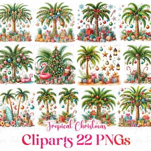 22 Christmas Palm Tree Clipart, Tropical Christmas Clipart, Beach Christmas Clipart, Summer Christmas PNG Clipart For Sublimation Heat Press