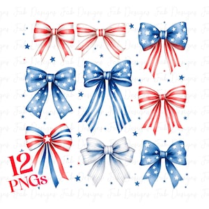 May include: Twelve watercolor illustrations of red, white, and blue bows. The bows are in various styles and are perfect for adding a patriotic touch to your crafts.