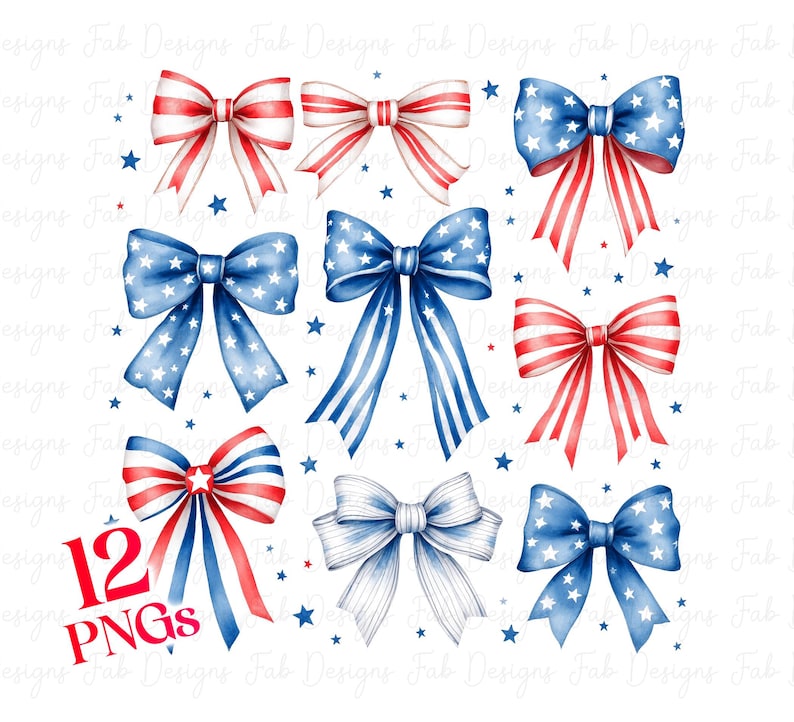 May include: Twelve watercolor illustrations of red, white, and blue bows. The bows are in various styles and are perfect for adding a patriotic touch to your crafts.