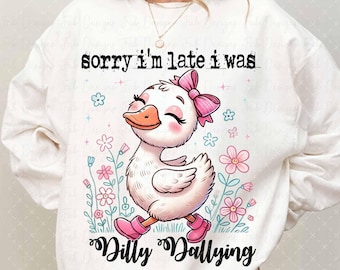 Dilly Dallying Goose PNG: 生意気なレトロな花柄デザイン (デジタルダウンロード)