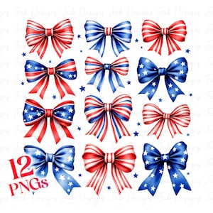 May include: Twelve watercolor illustrations of red, white, and blue bows with white stars. The bows are in various positions and are perfect for patriotic crafts and designs.