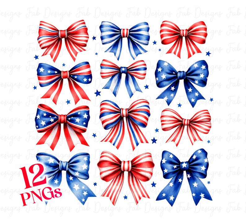May include: Twelve watercolor illustrations of red, white, and blue bows with white stars. The bows are in various positions and are perfect for patriotic crafts and designs.