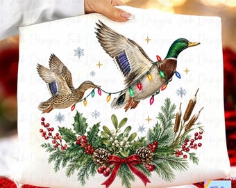 Christmas Lights Mallard PNG, Vintage Flying Duck Pair with Pine Wreath, Duck Hunting Christmas Shirt Design, Holiday Mallard Sweatshirt