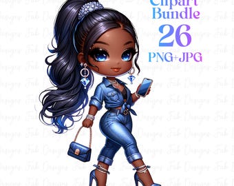26 Chibi Black Girl Clipart Bundle: Fashion Graphics (Digital Download)
