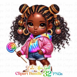 May include: A digital illustration of a young Black girl with curly hair, wearing a pink sequined jacket, a tie-dye hoodie, blue denim shorts, and gold hoop earrings. She is holding a rainbow lollipop and has a gold chain necklace around her neck. The text "Cute Afro Girl Clipart Bundle 32 PNGs" is at the bottom of the image.