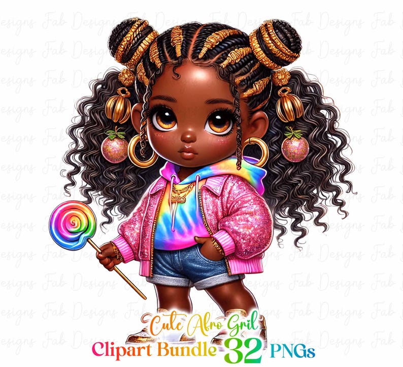 May include: A digital illustration of a young Black girl with curly hair, wearing a pink sequined jacket, a tie-dye hoodie, blue denim shorts, and gold hoop earrings. She is holding a rainbow lollipop and has a gold chain necklace around her neck. The text "Cute Afro Girl Clipart Bundle 32 PNGs" is at the bottom of the image.