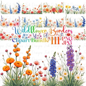 111 Watercolor Floral Clipart, Wild Floral Elements, Wild Flowers Borders, Summer Wildflowers, Meadow Wildflowers, Wedding Clipart, Florals