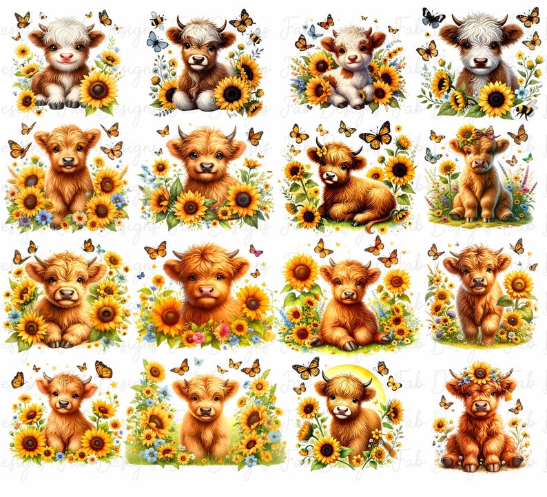 May include: Twelve digital illustrations of Highland cattle calves in a field of sunflowers. Each calf is depicted with a different expression and pose, surrounded by yellow sunflowers and butterflies.