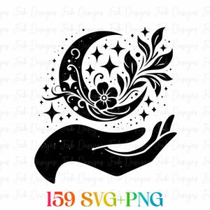 May include: Black and white graphic of a crescent moon, stars, and floral elements held in an open hand. The design includes a flower and leaves. The text "159 SVG+PNG" is at the bottom.