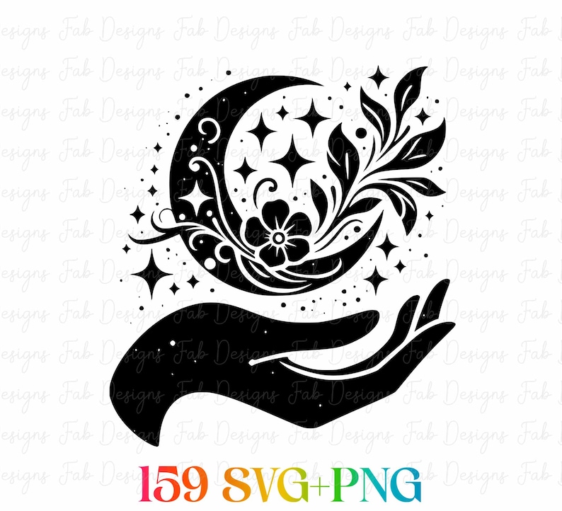 May include: Black and white graphic of a crescent moon, stars, and floral elements held in an open hand. The design includes a flower and leaves. The text "159 SVG+PNG" is at the bottom.