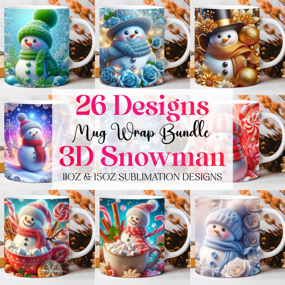 3D Snowman Mug Wrap Christmas Bundle Mug Wrap Sublimation Designs PNG ...
