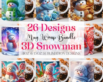 3D Snowman Mug Wrap Christmas Bundle Mug Wrap Sublimation Designs PNG, 11oz and 15oz Mug Template, Cute 3D Christmas Mug Wrap