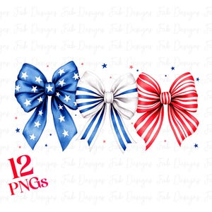 May include: Three watercolor bow designs in red, white, and blue. The bows are decorated with stars and stripes. The bows are perfect for patriotic crafts and decorations.