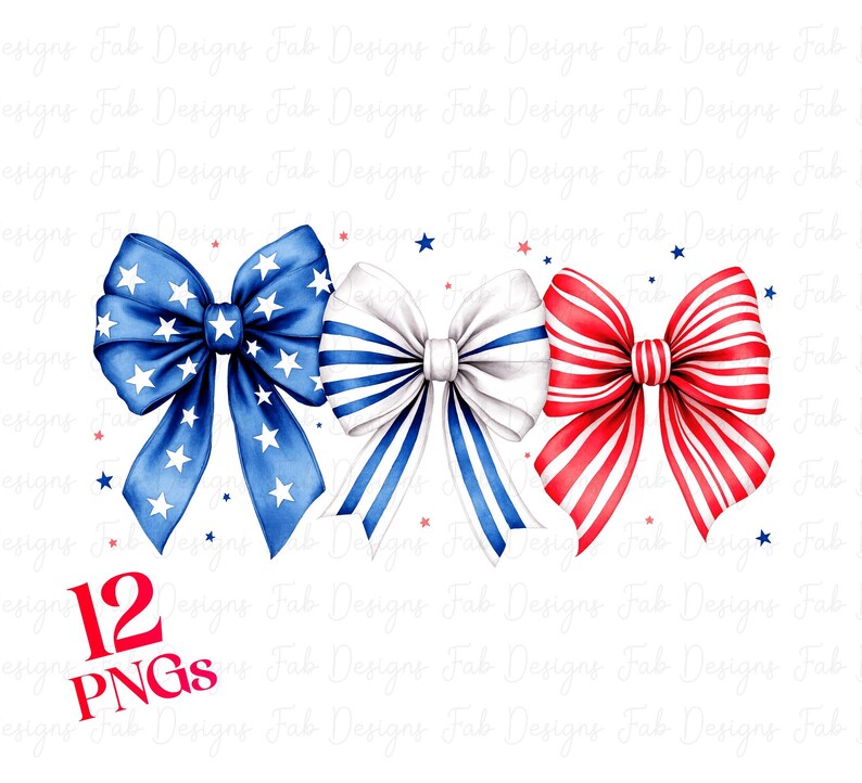 May include: Three watercolor bow designs in red, white, and blue. The bows are decorated with stars and stripes. The bows are perfect for patriotic crafts and decorations.