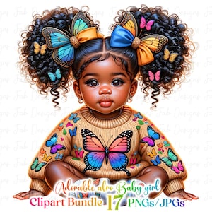 17 Cute Adorable Baby African American Girl Clipart Bundle, Bright and Colorful Illustration, Digital Stickers, Adorable Afro Kids Art