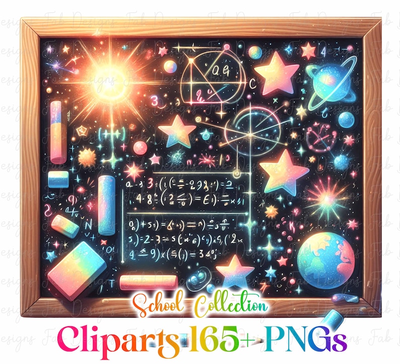 May include: A chalkboard illustration with a wooden frame, featuring colourful celestial and mathematical elements. The design includes stars, planets, equations, and the text "School Collection Cliparts 165+ PNGs". The artwork has a vibrant, glowing effect.