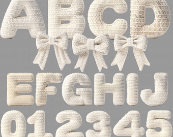 White Knitted Alphabet Clipart, Cozy Yarn Letters A-Z & Numbers 0-9, Crochet Font PNG, Chunky Knit Letters, Faux Yarn Png, Digital Download