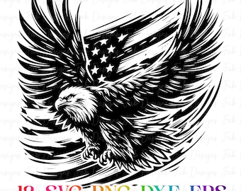Pode incluir: Gráfico a preto e branco de uma águia careca americana com as asas abertas, contra uma bandeira americana estilizada. A imagem inclui o texto "12 SVG PNG DXF EPS" num esquema de cores do arco-íris.