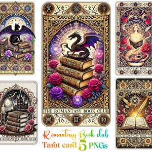 5 Romantasy Book Club png Bundle, Tarot Kartenbücher png, Fantasy Buch Tarot, Lese png, Romantik Buch png, Book Lover Design