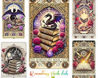 5 Romantasy Book club png Bundle, Tarot Card Books png, bookish png, fantasy book tarot, reading png, romance book png, Book Lover Design