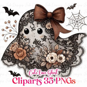 May include: A cute ghost illustration with a brown bow, black lace, and floral accents. The ghost has large black eyes and is surrounded by bats and a spiderweb. Text reads "Cute lace Ghost" and "Cliparts 35 PNGs".