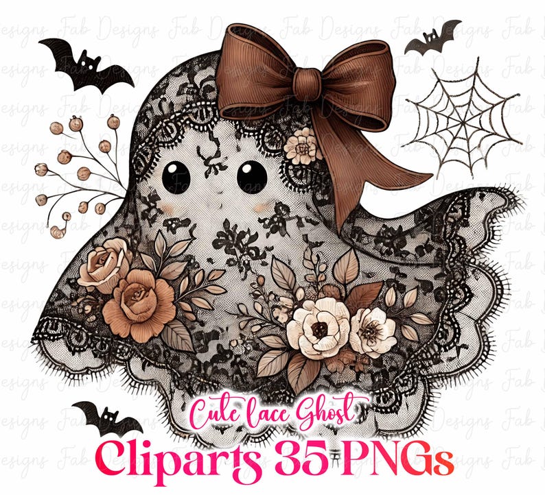 May include: A cute ghost illustration with a brown bow, black lace, and floral accents. The ghost has large black eyes and is surrounded by bats and a spiderweb. Text reads "Cute lace Ghost" and "Cliparts 35 PNGs".