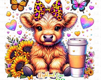 Paquete de imágenes prediseñadas de vacas de las Tierras Altas: Flores y café (Descarga digital)