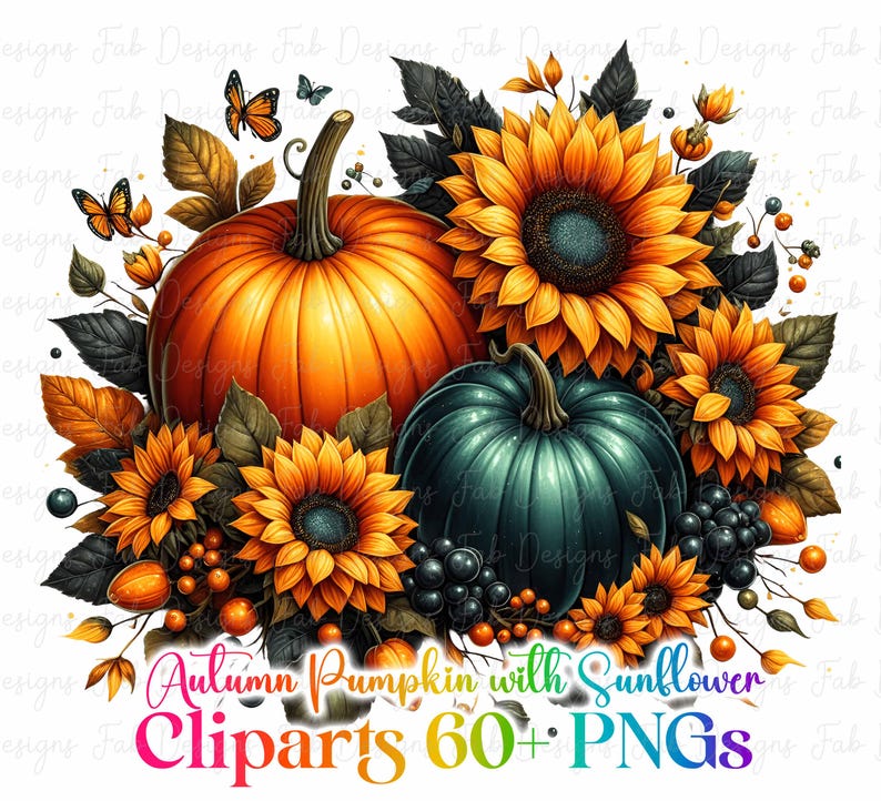 May include: A digital illustration featuring a vibrant autumn arrangement. It showcases a large orange pumpkin, a teal pumpkin, and several sunflowers. The design includes butterflies, berries, and the text "Autumn Pumpkin with Sunflower Cliparts 60+ PNGs."