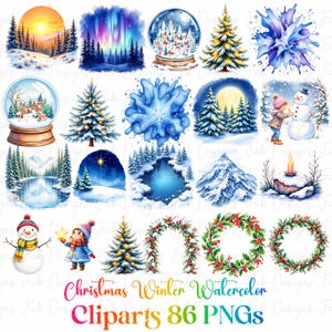 Winter Village Clipart Bundle: Snowy Landscape Watercolor Graphics (Digital Download PNG)