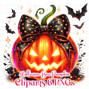 Pacote com 6 clipart de abóboras com laço de Halloween, clipart de abóbora Abtsarct PNG, clipart de abóbora de outono e Halloween, clipart de abóbora png, abóbora