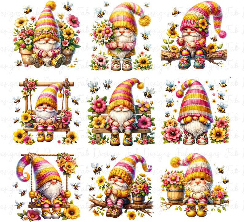 Watercolor Bee Gnome Clipart Bundle: Flower Garden PNG Graphics ...