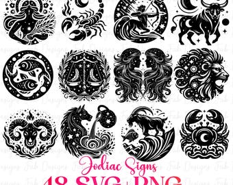 48 dierenriem Svg bundel, horoscoop Svg, astrologie tekens svg, dierenriem symbolen Svg, Gemini Svg, Ram Svg Maagd Svg Weegschaal Svg Svg-bestanden voor Cricut