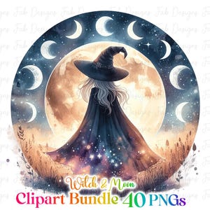 May include: A witch with long white hair and a black pointed hat stands in front of a large, full moon. The moon is surrounded by a circle of crescent moons in various phases. The witch is wearing a long, black cloak with a starry pattern. The background is a watercolor wash of blue and purple.