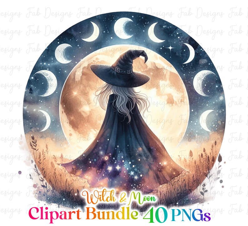 May include: A witch with long white hair and a black pointed hat stands in front of a large, full moon. The moon is surrounded by a circle of crescent moons in various phases. The witch is wearing a long, black cloak with a starry pattern. The background is a watercolor wash of blue and purple.