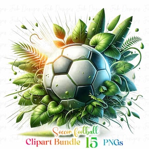 May include: A soccer ball surrounded by lush green tropical leaves. The ball is white with black panels and has a shiny, almost glowing effect. The text "Soccer football Clipart Bundle 15 PNGs" is at the bottom of the image.