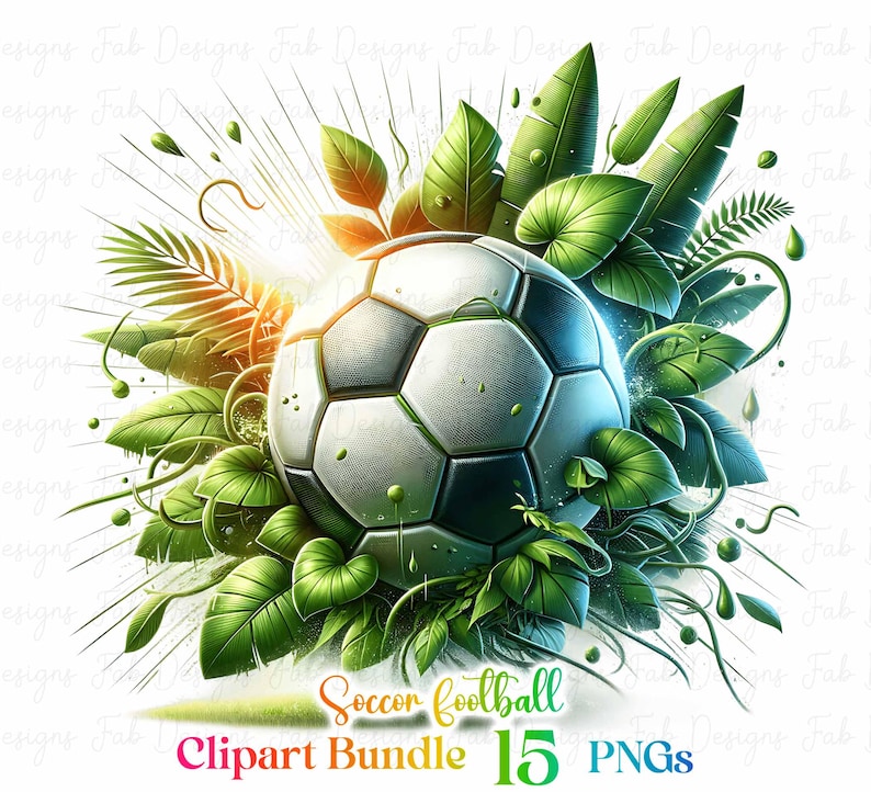 May include: A soccer ball surrounded by lush green tropical leaves. The ball is white with black panels and has a shiny, almost glowing effect. The text "Soccer football Clipart Bundle 15 PNGs" is at the bottom of the image.