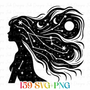 May include: A black silhouette of a woman with long, flowing hair filled with stars, constellations, moons, and a large sun. The image includes the text "159 SVG+PNG" in a rainbow gradient.