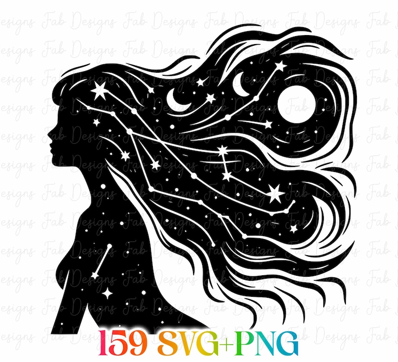 May include: A black silhouette of a woman with long, flowing hair filled with stars, constellations, moons, and a large sun. The image includes the text "159 SVG+PNG" in a rainbow gradient.