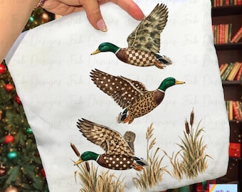Camo Mallard Ducks PNG, Three Flying Pattern Ducks, Checkered Leopard Polka Dot with Cattails, Duck Hunting Shirt Design, Girly Hunting