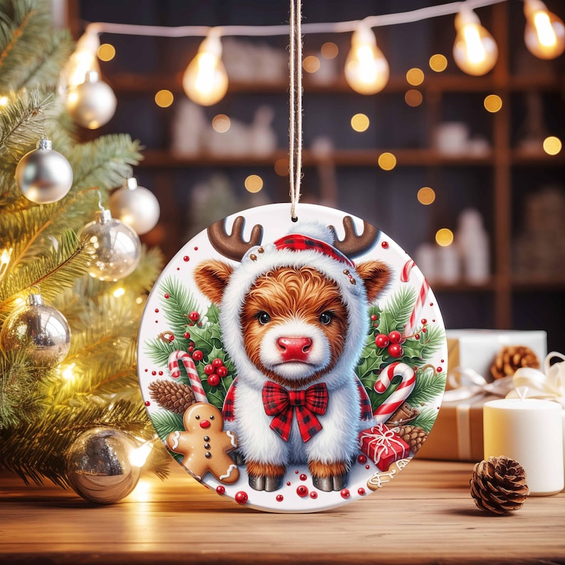 May include: A round Christmas ornament featuring a Highland cow calf wearing a red and black plaid hood and bow tie. The ornament is decorated with candy canes, a gingerbread man, and pine boughs. A string is attached for hanging.